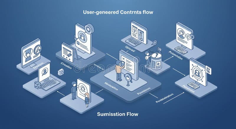 Flowchart illustrating a user-generated content workflow. It features six stages: royalty free illustration