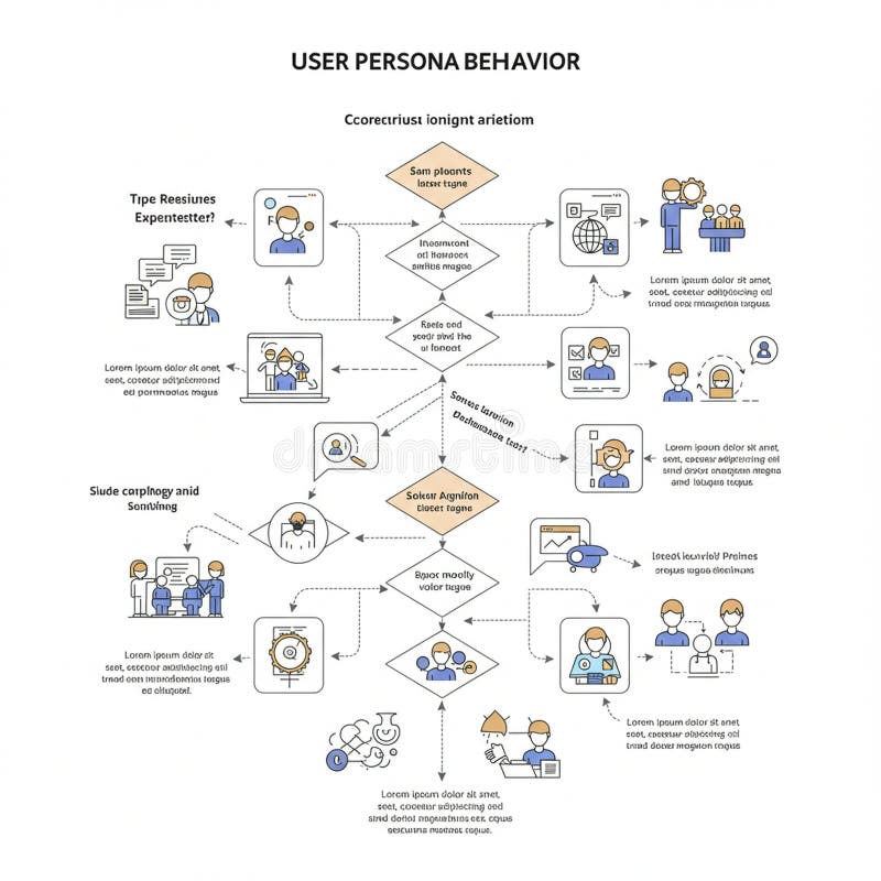Flowchart illustrating \'User Persona Behavior\' with various icons and flow lines. stock illustration
