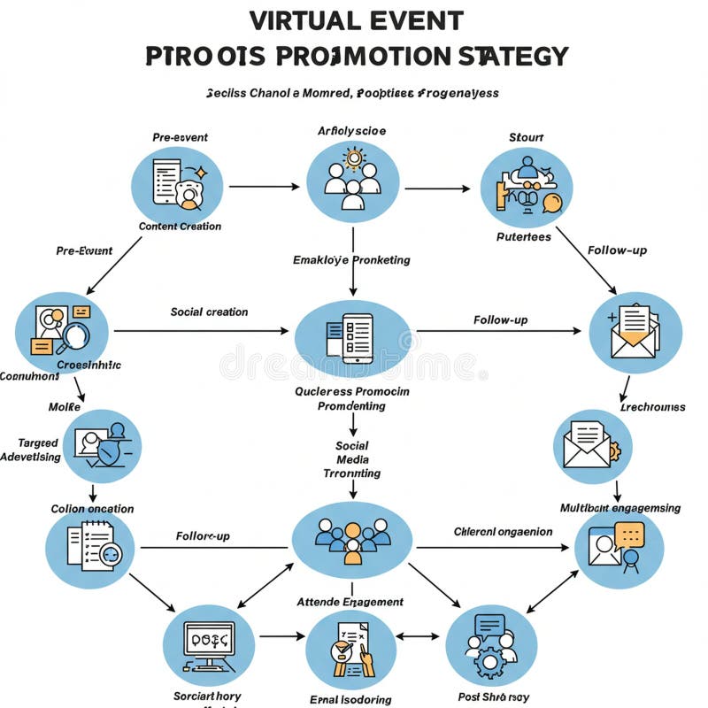 Flowchart illustrating a virtual event promotion strategy. Key elements include stock illustration