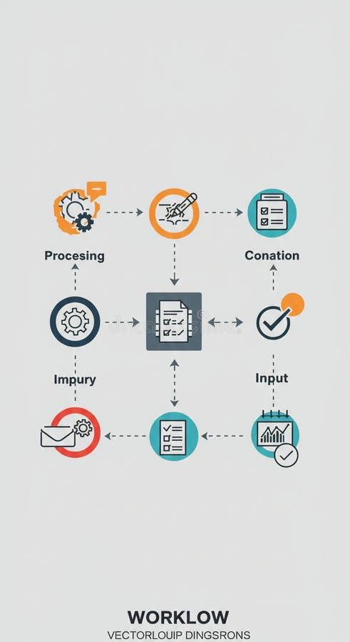 Flowchart illustrating a workflow process with icons and labels. Central document stock illustration