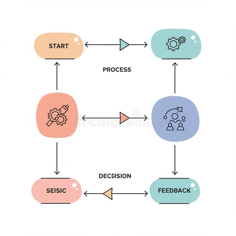 Flowchart showcasing a cyclic process with four main stages: \'Start,\' \'Process,\' royalty free illustration
