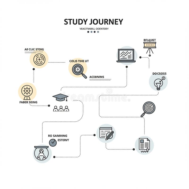 Flowchart titled \'Study Journey\' featuring interconnected icons and labels in a non royalty free illustration