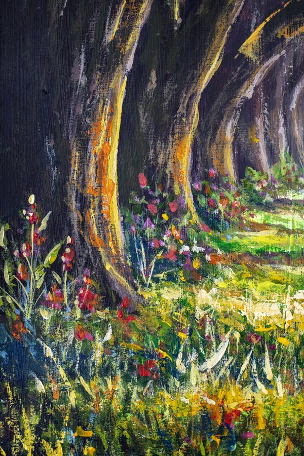 Flower alley park forest with large black old trees and long branches - acrylic, oil painting