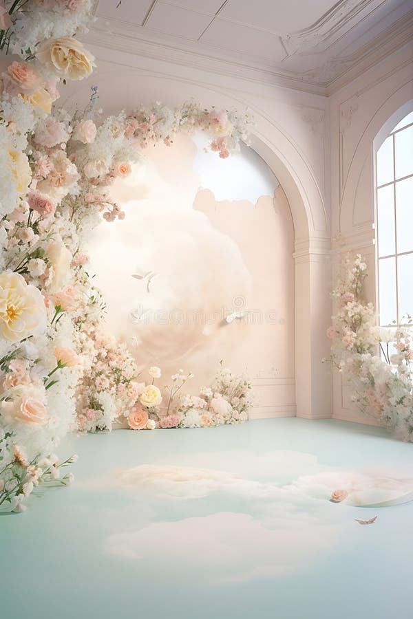 flower arch, light room luxury, pastel colors, light festive background