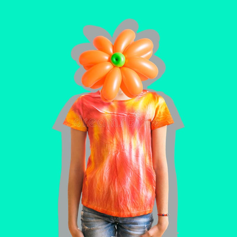 Flower of balloons on the head of a child dressed in the style of tie dye. Contemporary art collage. stock image Flower of balloons on the head of a child dressed in the style of tie dye. Contemporary art collage. stock image