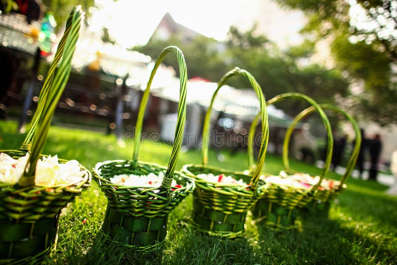 Flower Basket at wedding stock photo. Image of full, bowknot 29362584