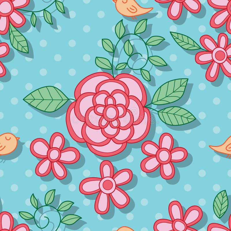 Flower bird swirl group cartoon dot seamless pattern royalty free illustration