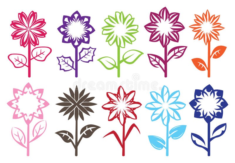 Set of ten designs of full bloom flowers on stalk with leaves. Vector illustration on white background. Set of ten designs of full bloom flowers on stalk with leaves. Vector illustration on white background.