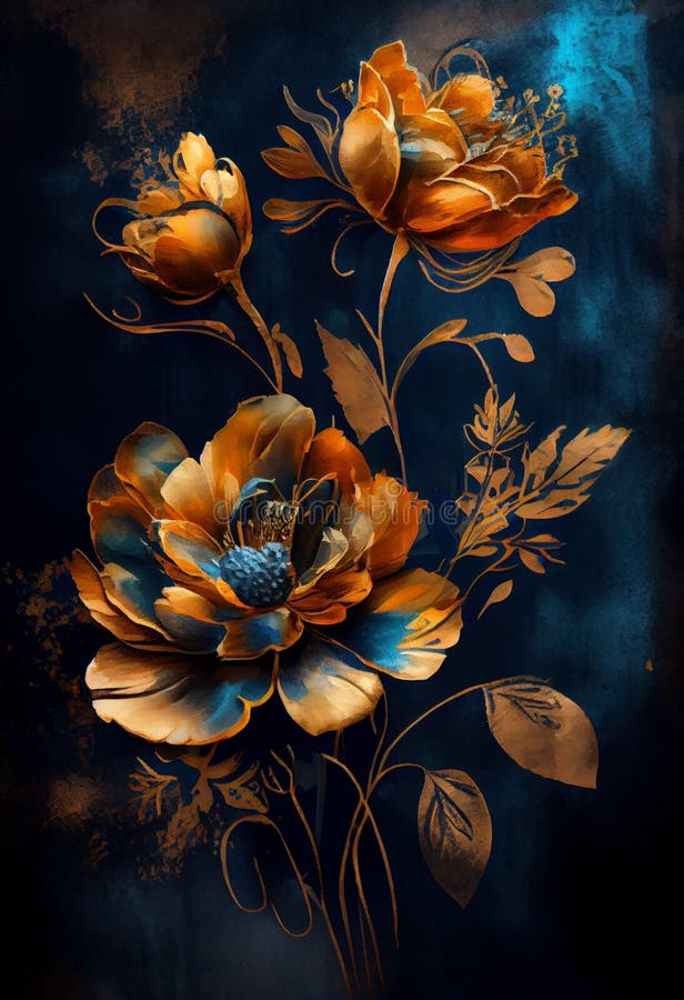 Flower Blue Background Exquisite Creature Poster Art Black Gold Colors Engine Baroque Frame Border Patina Wall Mural Screen Gothic
