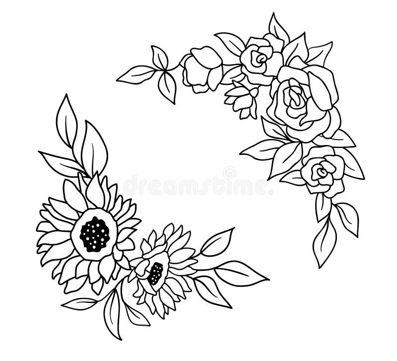 Flower Border with Flowers and Leaves in Outline Style. Vector Sunflowers and Roses Stock Vector - Illustration of design, leaf: 224214279 Flower Border With Flowers And Leaves In Outline Style. Vector Sunflowers And Roses Stock Vector - Illustration Of Design, Leaf: 224214279