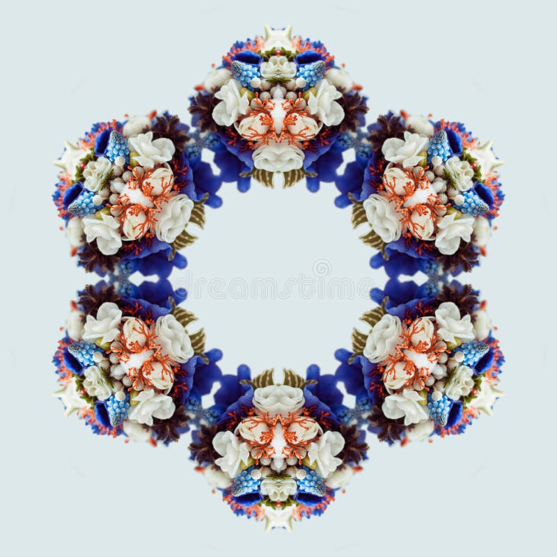 Flower bouquet mandala isolated on white background. Kaleidoscope effect. Flower mandala isolated on white background. Bouquet of anemones, ranunculus, muscari royalty free stock image Flower bouquet mandala isolated on white background. Kaleidoscope effect. Flower mandala isolated on white background. Bouquet of anemones, ranunculus, muscari royalty free stock image