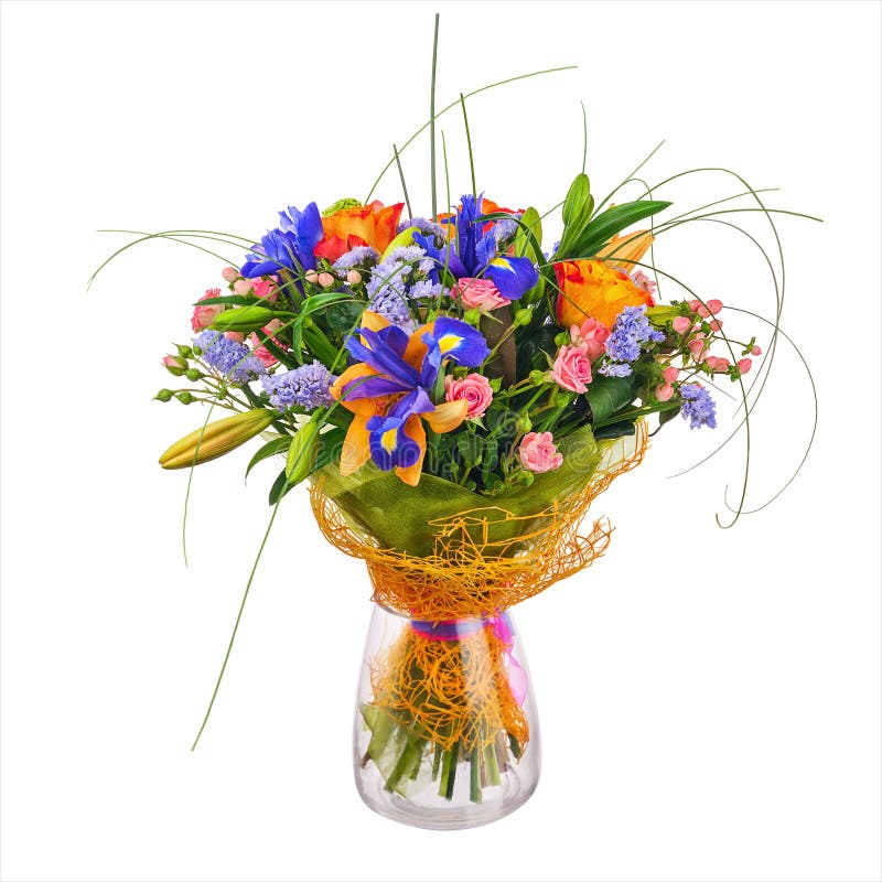 Flower bouquet from roses, iris and statice flowers.