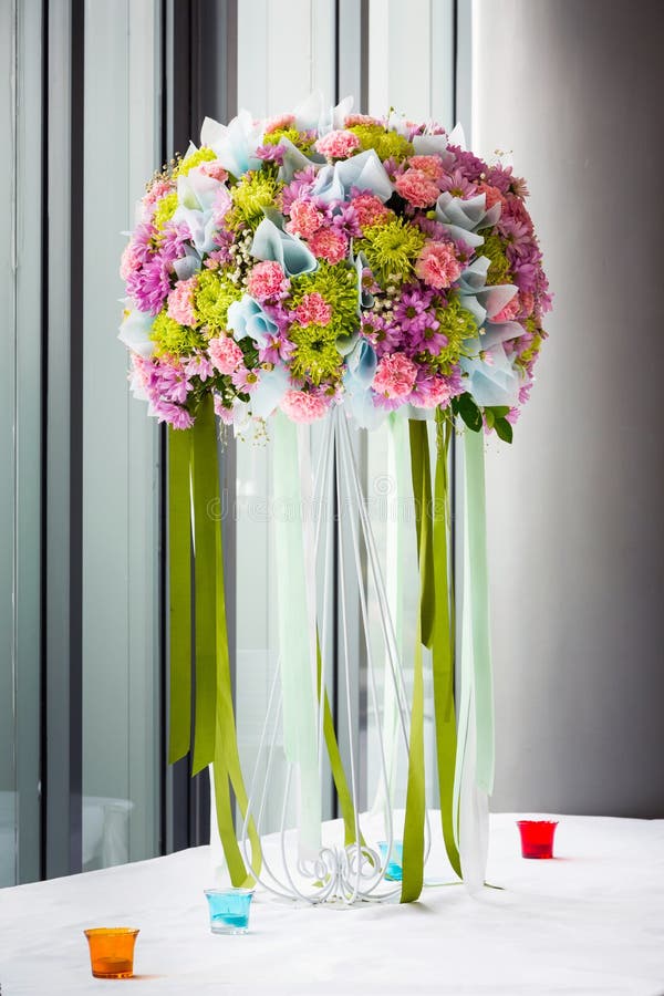 Flower bouquet on table stock photo. Image of leaf, blue 32810258