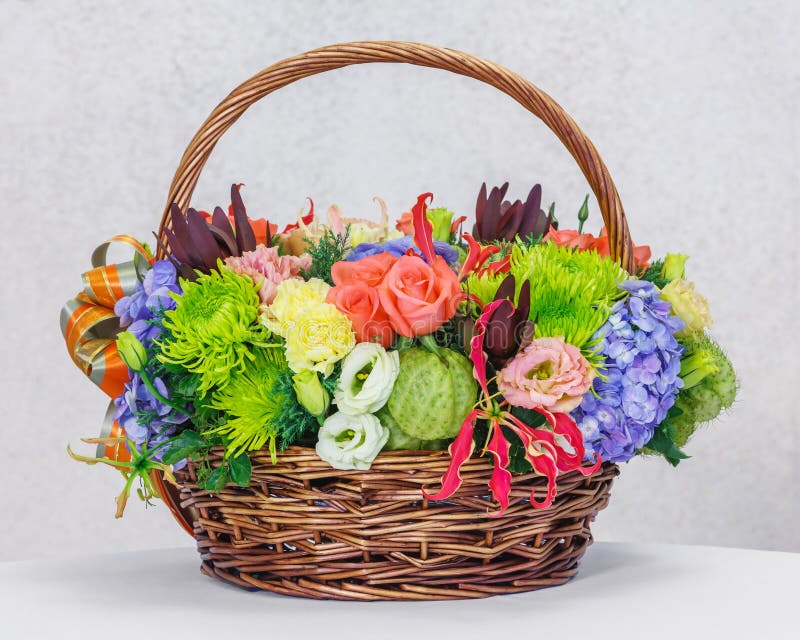 Flower bouquet in wicker basket