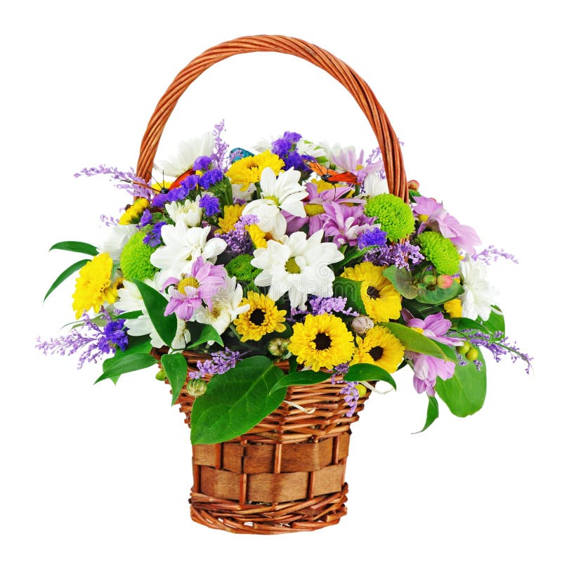 Flower Bouquet In Wicker Basket Isolated On White Background Stock