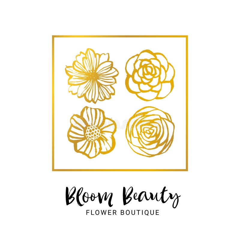 Flower boutique logo template. Bloom beauty. Floral gold card. Hand drawn design elements. Nature vector illustration.