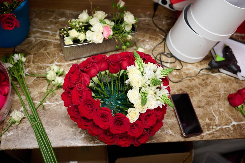 Flower Box with Red Roses and White Flowers on the Table Stock Photo Image of florist