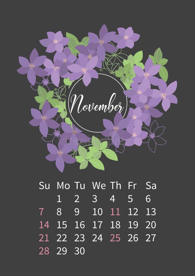 Flower Calendar 2021 with Bouquets of Flowers Stock Vector