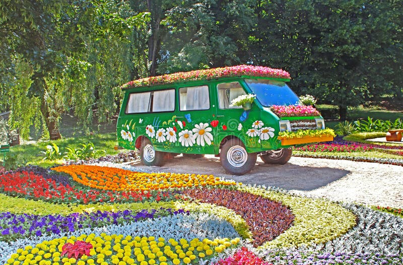 Flower cars exhibition at Spivoche Pole in Kyiv, Ukraine stock photo Flower cars exhibition at Spivoche Pole in Kyiv, Ukraine stock photo