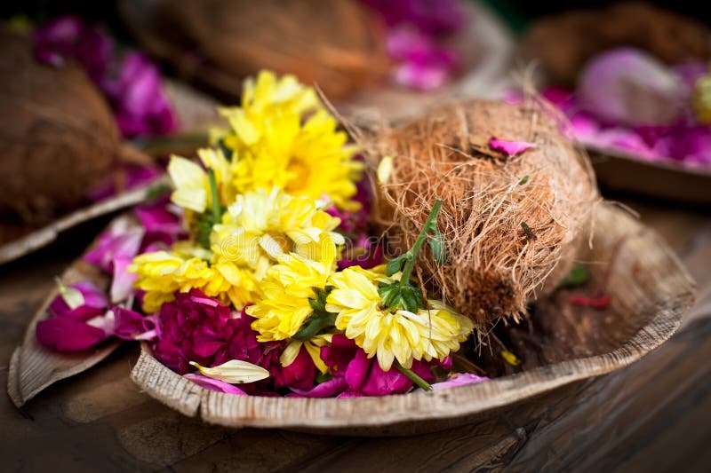 Flower and coconut offerings for Hindu religious ceremony