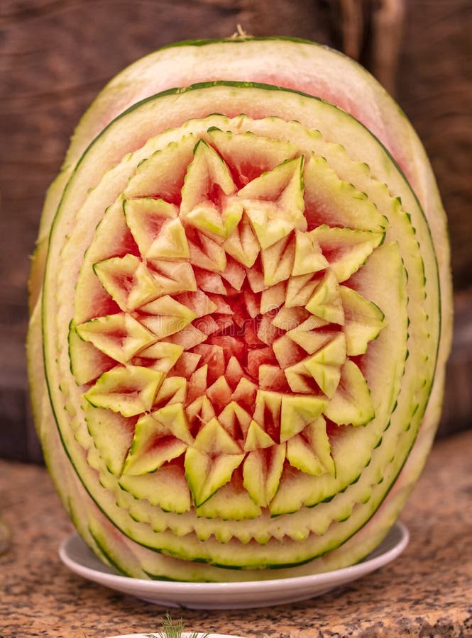 Flower Drawing Carved in Watermelon. Stock Photo Image of ripe