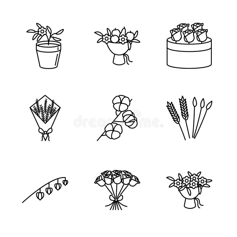 Flower, and dried flowers line icon set. Physalis peruviana flowerpot, lavender, cotton branch, rye, bunny tail, fruit