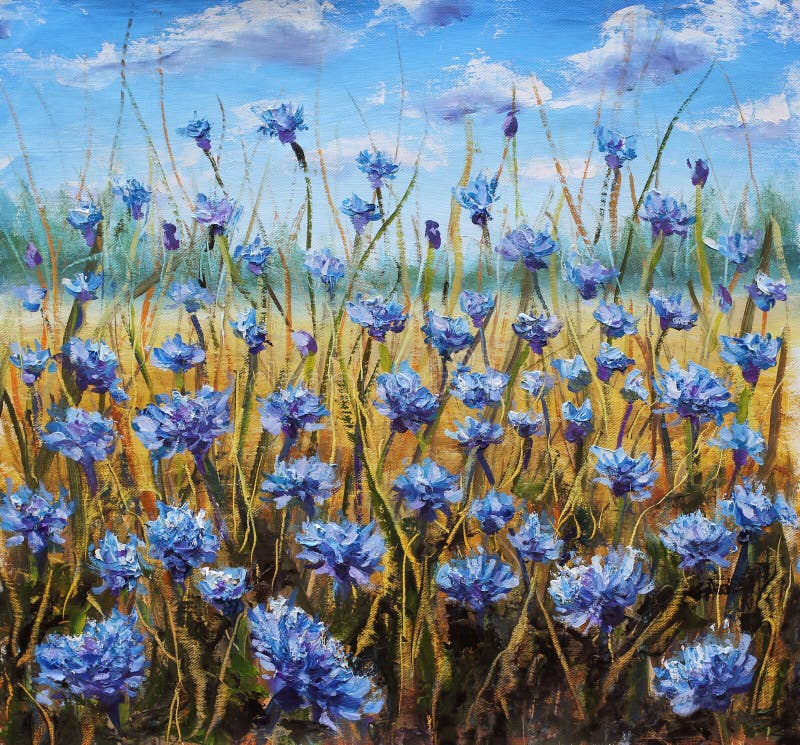 Flower Field Blue Flowers Meadow Sky Oil Painting Stock Flower Field Blue Flowers Meadow Sky Oil Painting Stock