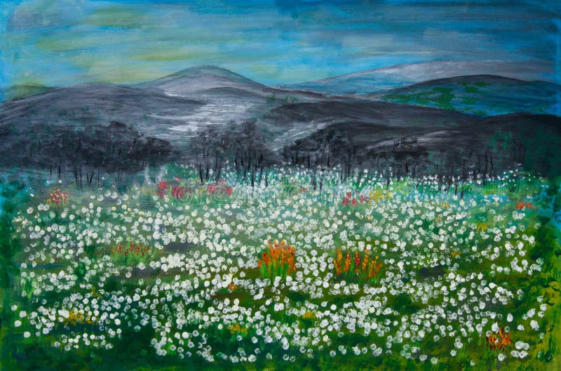 Paiting of WildFlower field by mountains