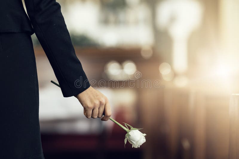 Flower, funeral and hand holding rose in mourning at death ceremony with grief for loss burial. Floral, church or