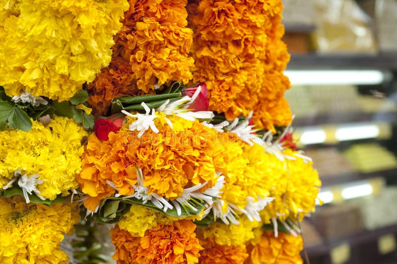 Flower garlands near a temple in India