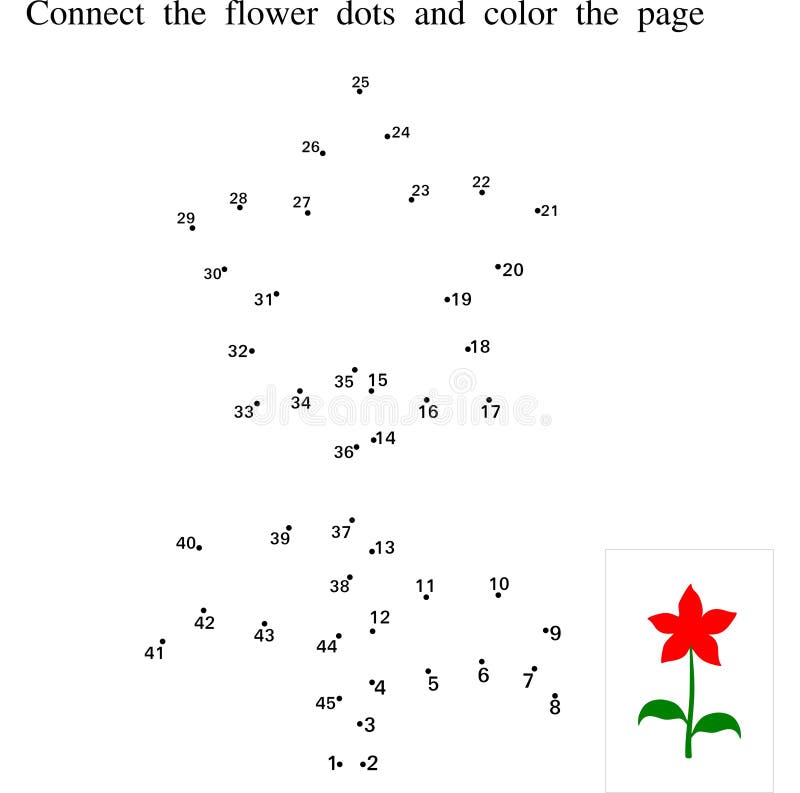 Flower. Join dots and find the hidden picture. Children search game. Dot to dot game for kids. Page to be coloured. Colour the picture by sample. This illustration can be used in children`s books, e-learning, puzzles, games and other similar types of creatives.