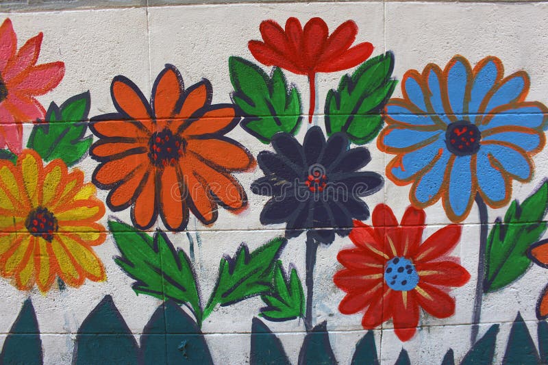 Flower Paint on Wall, Kids Drawing Flower on Wall. Editorial Stock