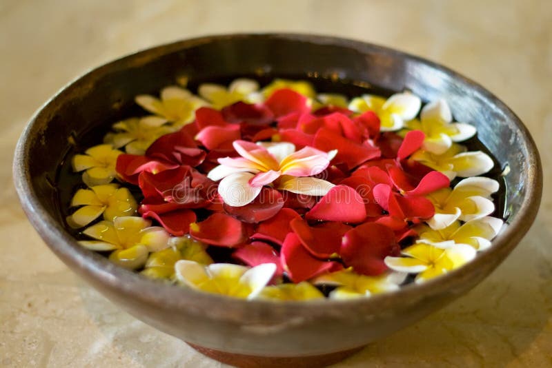 Flower petals in a bowl at a spa