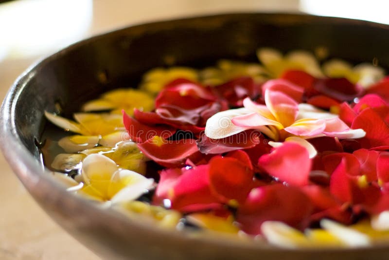 Flower petals in a bowl at a spa