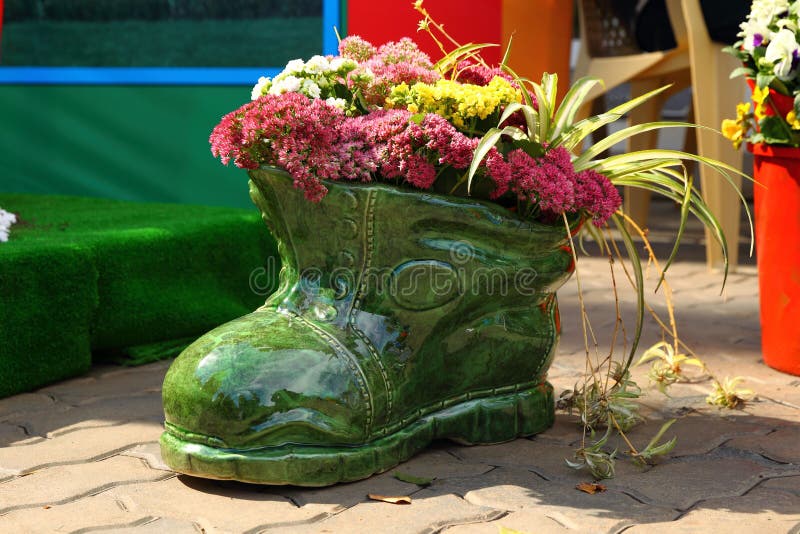 Flower Pot in Shape of Shoe with Flowers Stock Image Image of living