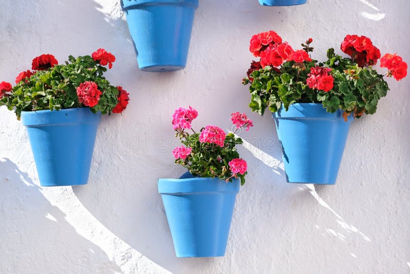 Flower Pots Decorating on White Wall in the Old Town of Marbella Stock ...