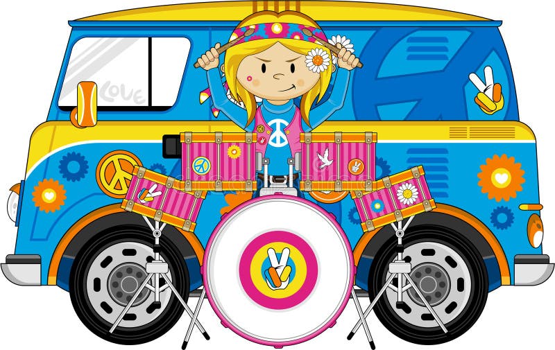 Vector Illustration of a Cute Cartoon Sixties Flower Power Hippie Character with Drum Kit. An EPS file is also available. Vector Illustration of a Cute Cartoon Sixties Flower Power Hippie Character with Drum Kit. An EPS file is also available.