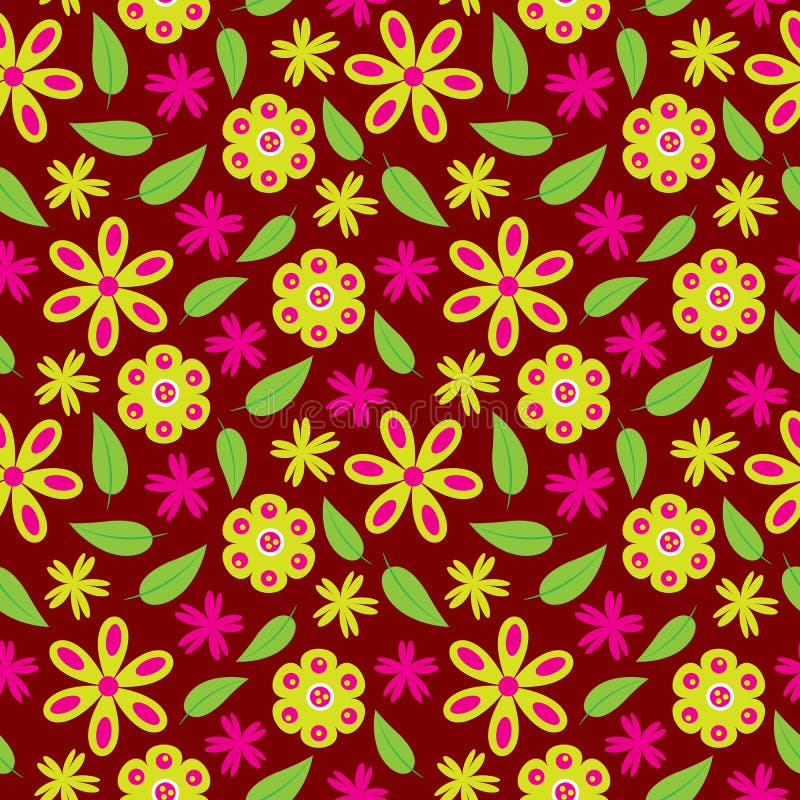 Flower Seamless Pattern with Green and Pink Flowers on Red Background for Wallpaper Stock Vector