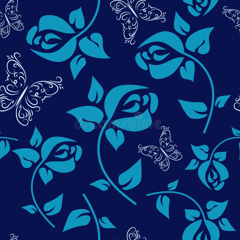 Flower Seamless Pattern with Roses on a Blue Background Stock Vector