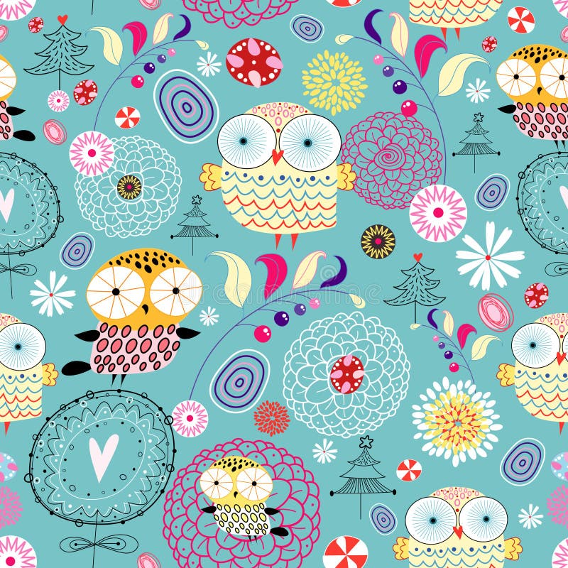 Flower texture with owls vector illustration