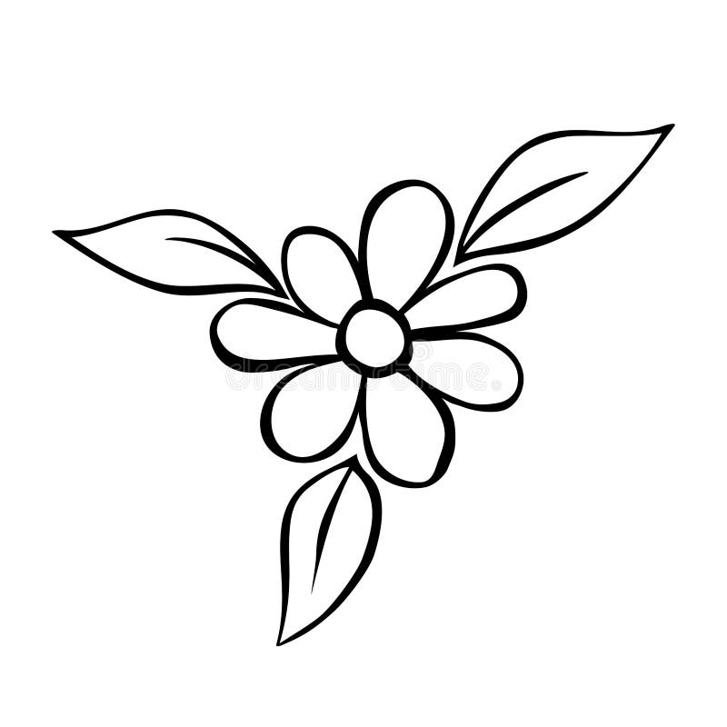 Hand Drawn Cute Flower on Stem. Clip Art, Black and White Stylized