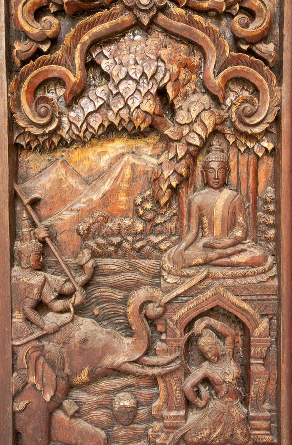 Flower in traditional Thai style wood carving