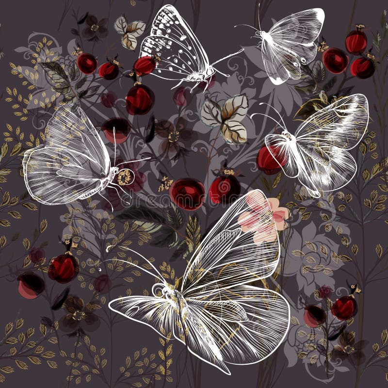 Flower vector pattern with plants and butterflies.