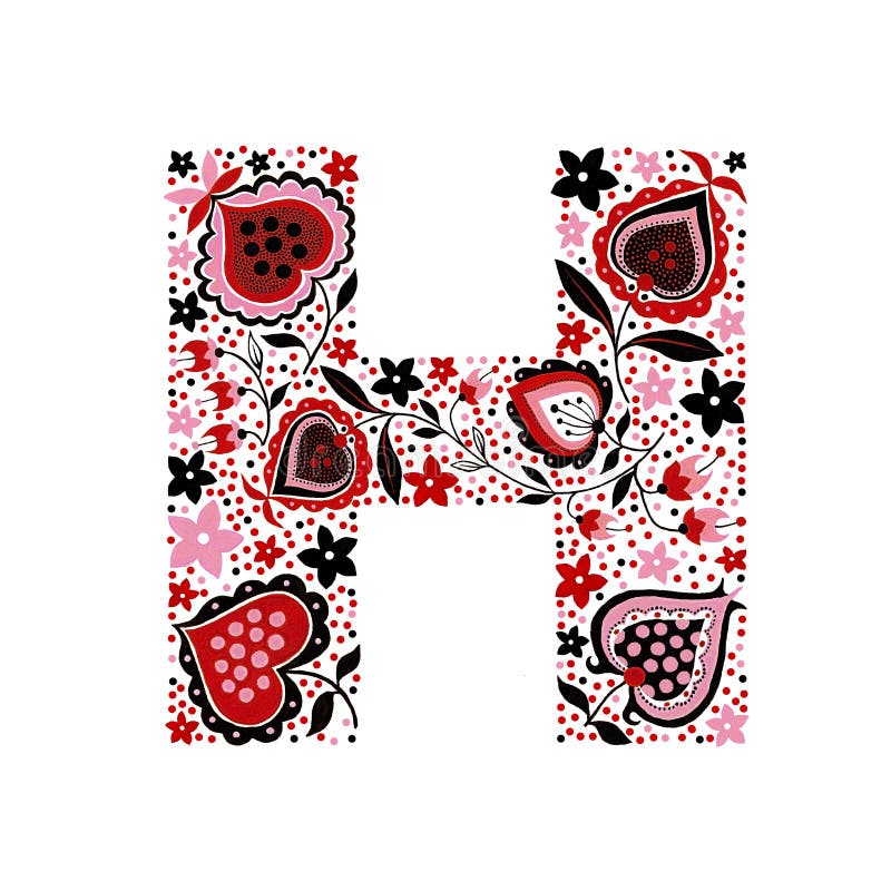Flower vintage alphabet letter H with folk motives. Hand drawn watercolor and gouache abstract hearts isolated on white background royalty free illustration Flower vintage alphabet letter H with folk motives. Hand drawn watercolor and gouache abstract hearts isolated on white background royalty free illustration