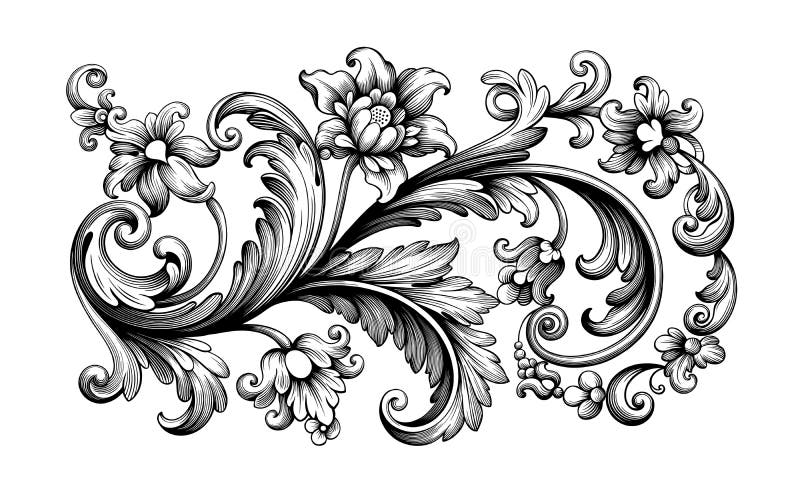 Flower vintage Baroque scroll Victorian frame border floral ornament engraved retro pattern rose peony tattoo filigree vector