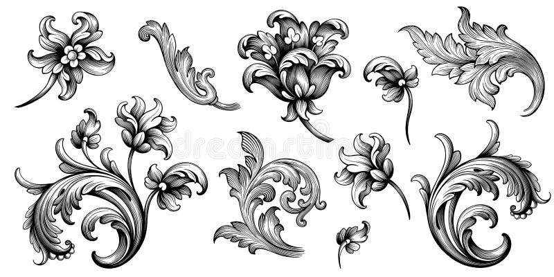 Flower vintage Baroque scroll Victorian frame border floral ornament engraved retro pattern rose peony tattoo filigree vector