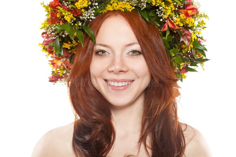 Flower Wreath On Head Over White Stock Image - Image of garland, floral ...