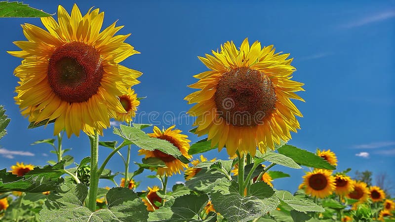 Flowering sunflowers and sky