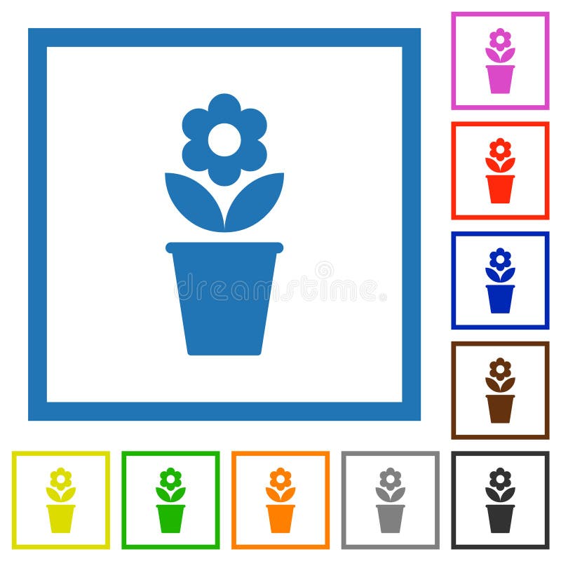 Flowerpot with Flower and Leaves Solid Flat Framed Icons Stock Vector