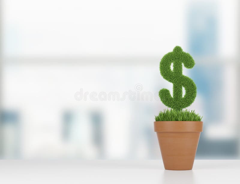 A flowerpot with grass green dollar sign on the table. City view in blur on the background. A flowerpot with grass green dollar sign on the table. City view in blur on the background.